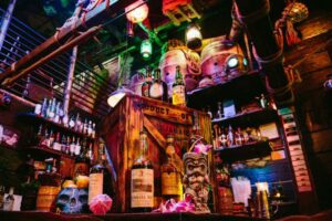 interior of smuggler's cove bar with tiki theme