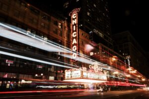 long exposure of Chicago theater at night time