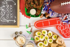 super bowl party snacks, decorations on a table