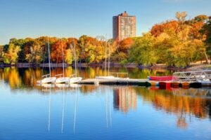 Autumn foliage reflection on Jamaica Pond in Boston