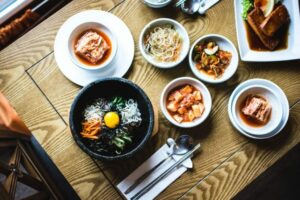 aerial view of table with bowls and plates of korean food