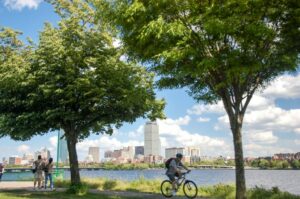 man riding bike along leafy path next to charles river in boston