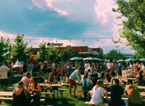 people outside at brewery
