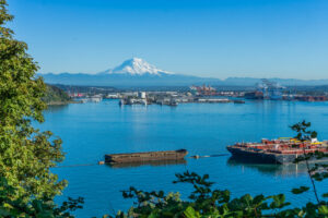 the Port of Tacoma with Mount Rainier in background