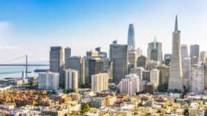 A panoramic view from above San Francisco's financial district on a bright sunny day.