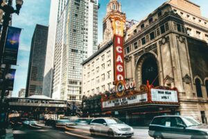 view of the chicago theater and skyscrapers