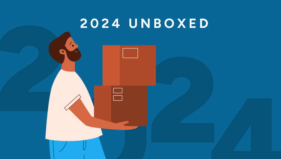 Illustration of a man carrying moving boxes, with the number 2024 behind him and a title that reads "2024 unboxed"