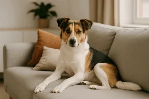 dog sitting on couch in pet friendly apartment