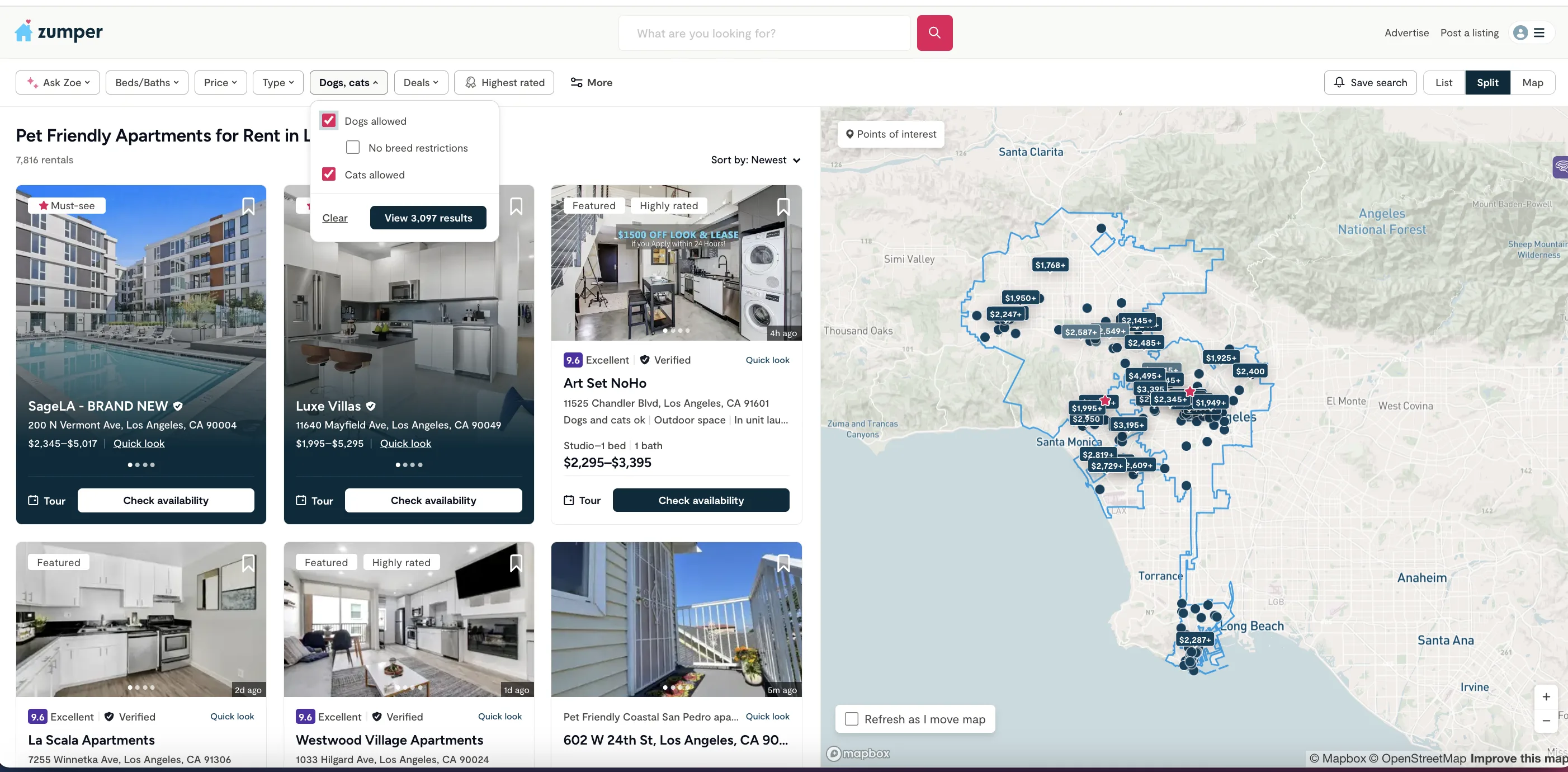 screenshot of zumper filters for pet friendly apartments