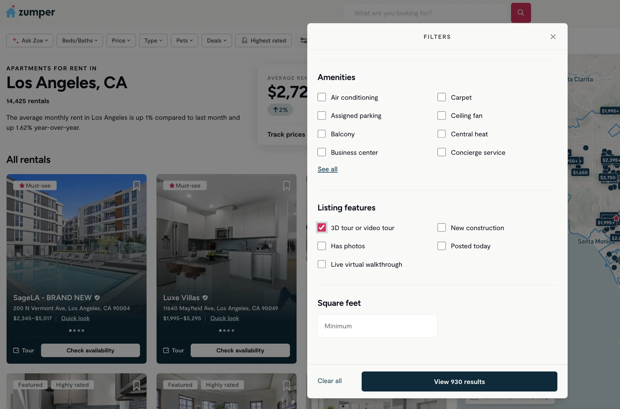 filter checkbox for #D or virtual tour on zumper's apartment search website
