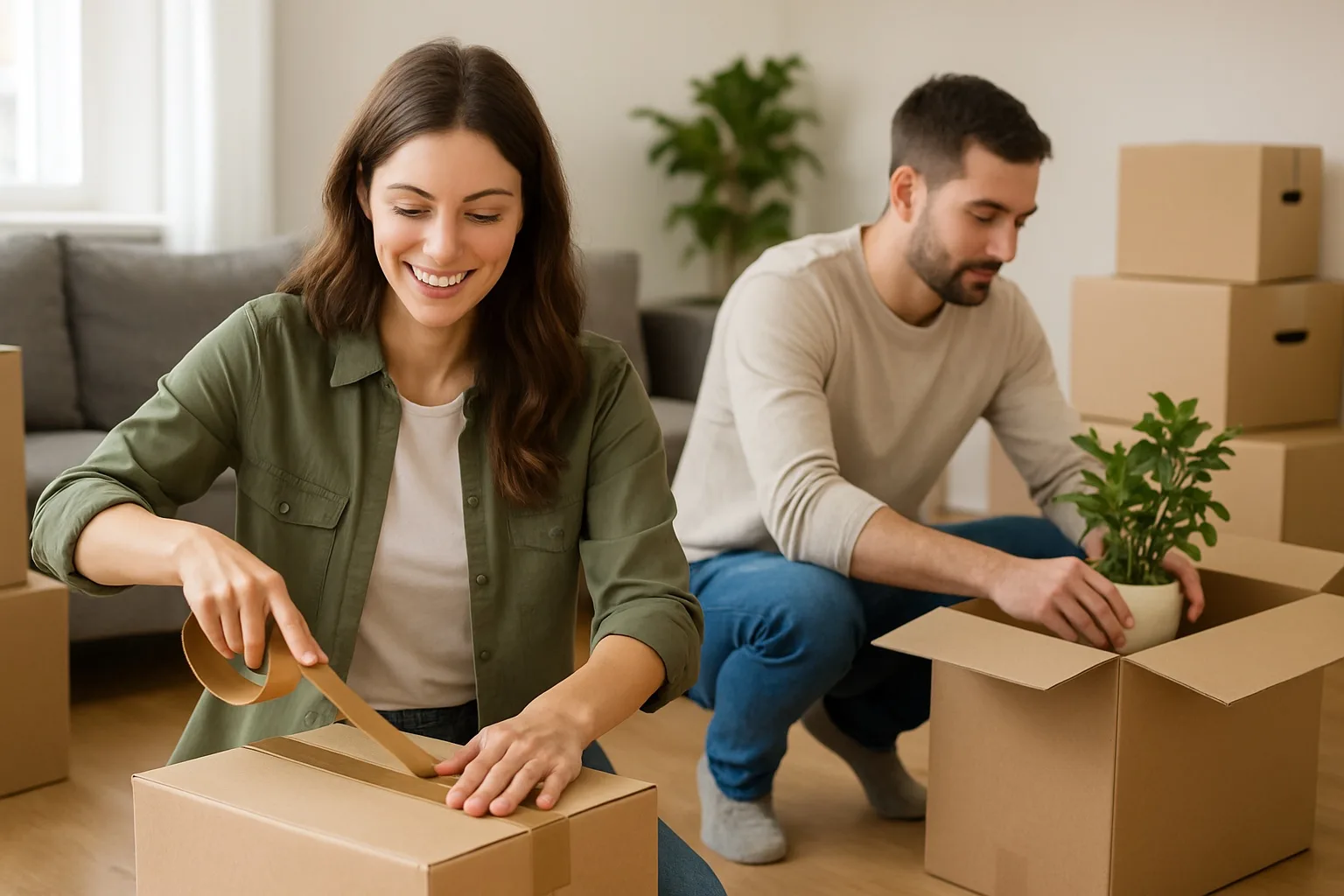 two people from the best moving companies in houston packing up boxes