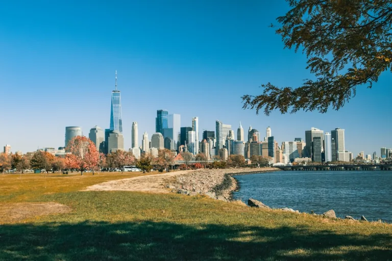 View of Lower Manhattan’s skyline from across the Hudson River, commonly used when discussing cities near New York City.