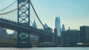 a view of the Ben Franklin Bridge and Philadelphia from Camden