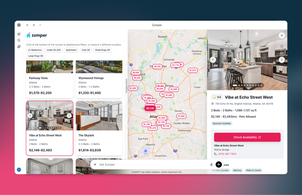 Zumper ChatGPT app map experience showing search results of apartments in Atlanta