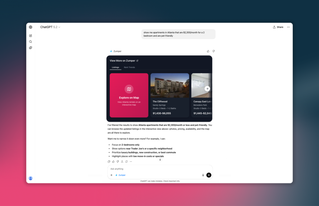 Renter's ChatGPT search in the Zumper App looking for apartments in Atlanta that are $2,300/month for a 2-bedroom and are pet-friendly and the search results