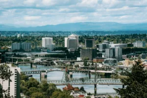 an aerial view of Portland, which is often unaffordable and leads residents to look for cities near Portland as alternatives