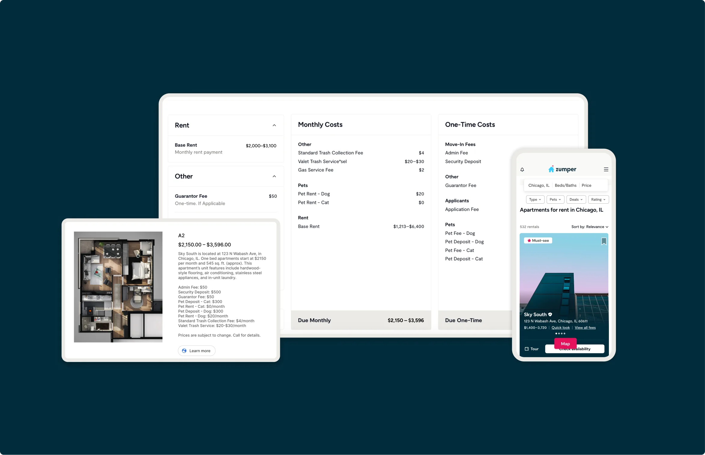 a screenshot of Engrain and Zumper's fee transparency integration on desktop and mobile