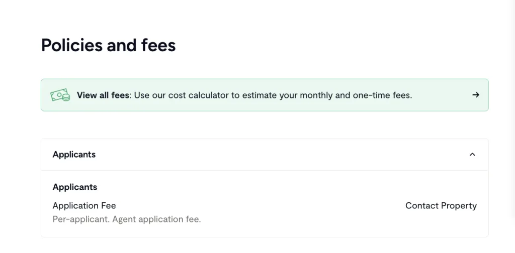 a screenshot of Zumper's platform, showing the cost calculator where users can see the true monthly cost of renting an apartment, with all fees included