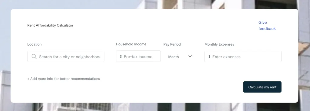 a screenshot of Zumper's rent calculator, which helps renters understand how much rent they can afford using their gross income, expenses, and location.
