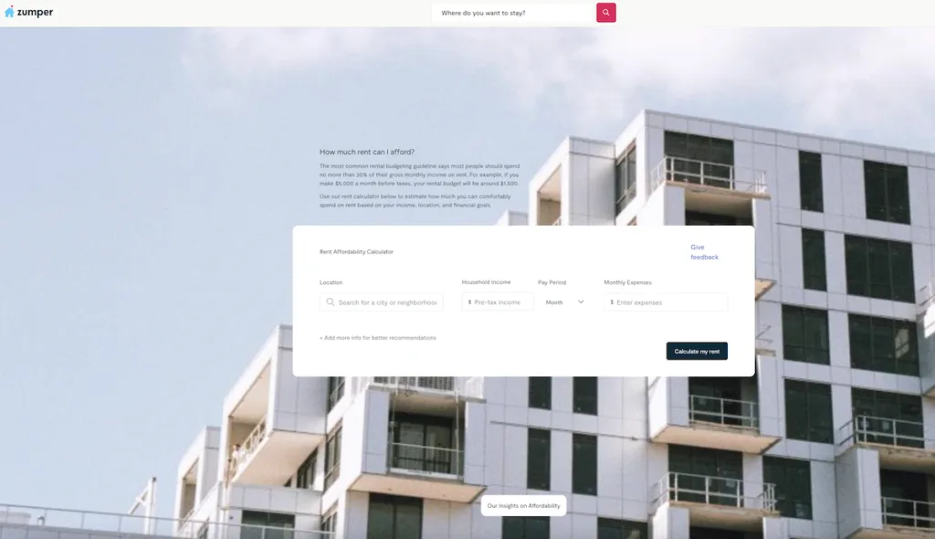 a screenshot of Zumper's rent calculator page, which helps users calculate how much rent they can afford by inputting their city, their gross income, and their expenses, and then matches them with apartments in their budget range.