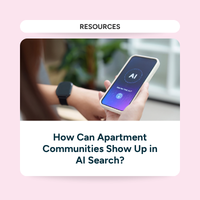 Illustrating a renter searching for apartments using AI on a phone and how apartment communities can show up in AI search