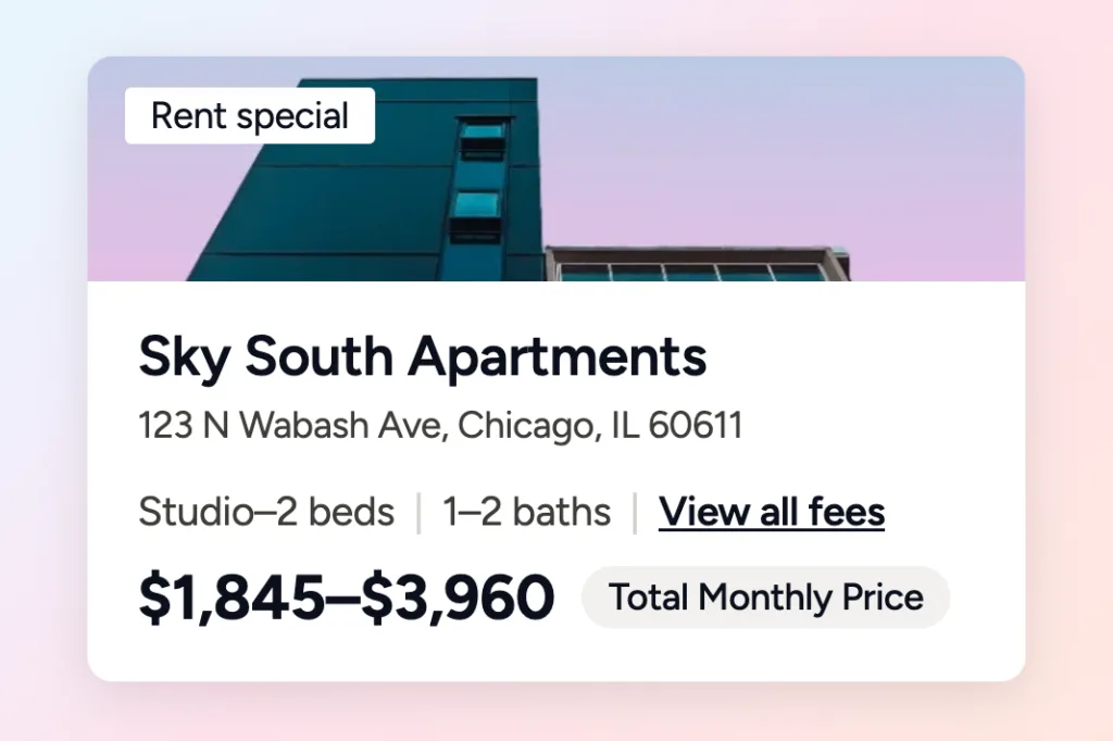 Zumper listing card showing total monthly price, inclusive of fees