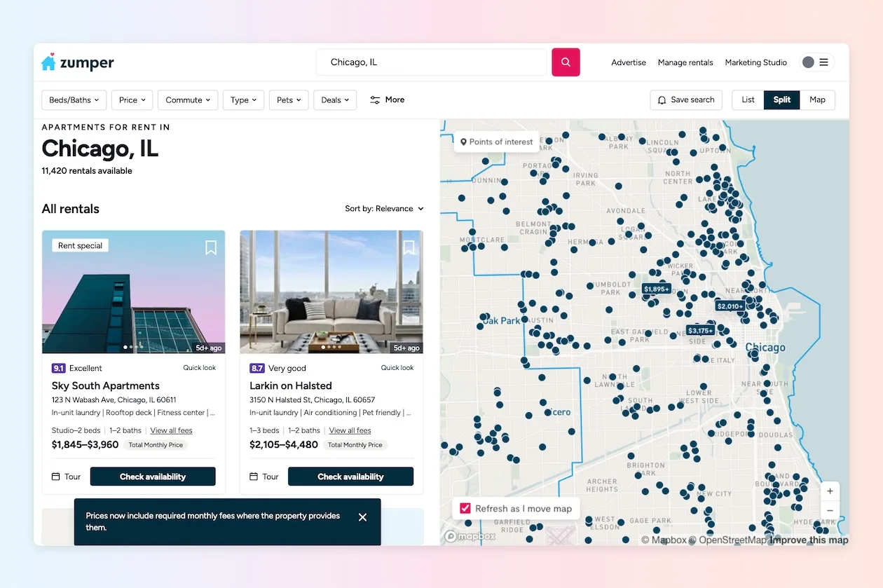 A user searching in Chicago for apartments will see that Zumper uses total monthly price, or base price plus required fees, starting in October.