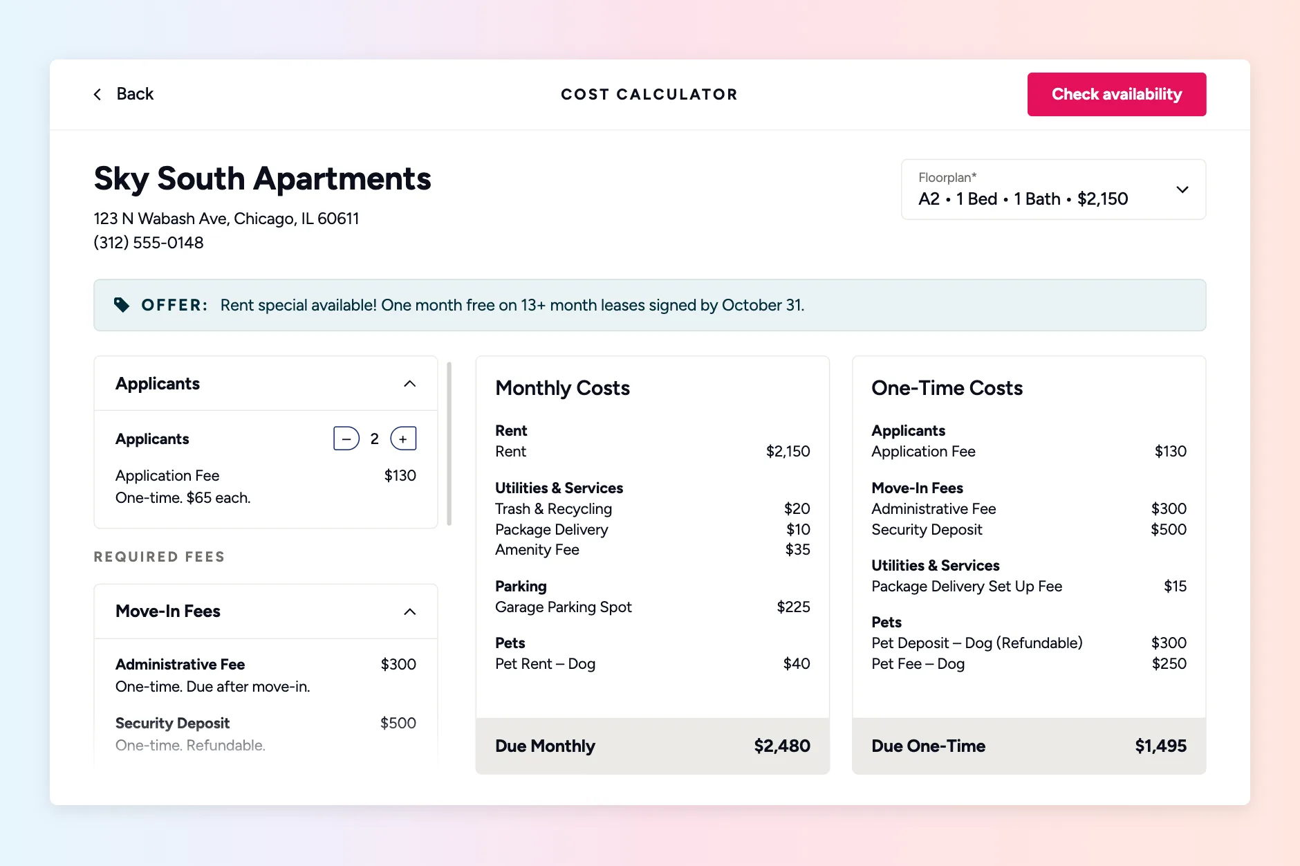 what renters will see on Zumper when they click into a listing for more details on an apartment's total monthly price